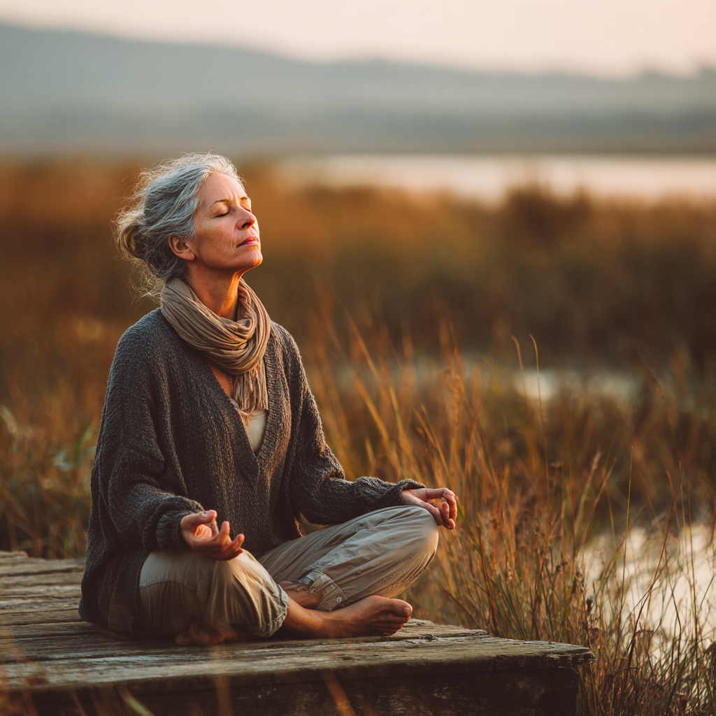 Middle-aged woman practicing meditation in serene natural environment